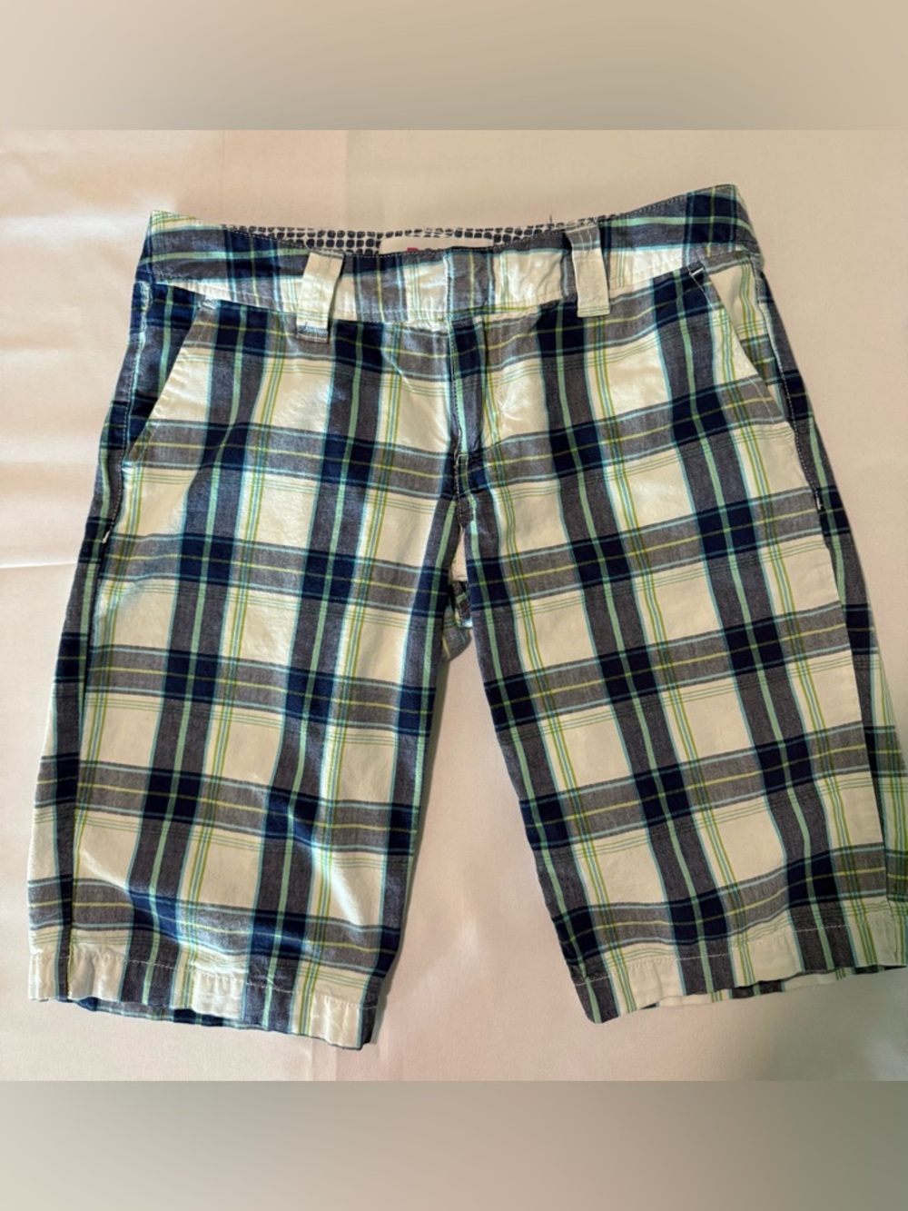 Roxy Plaid Bermuda Shorts in White, Navy & Green